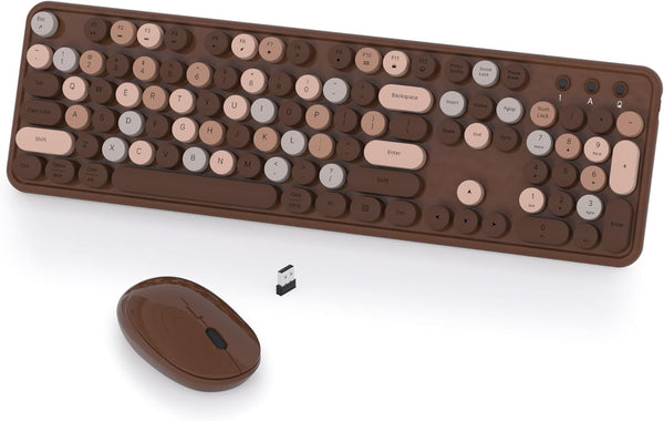 Wireless Computer Keyboard and Mouse Combo, COVEVA Colorful Retro Typewriter Keyboard with Round Keycaps