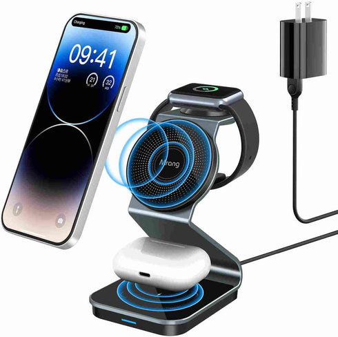 Aluminum Alloy 3 in 1 Wireless Charger Stand - Mag-Safe Compatible with iPhone 15/14/13/12, iWatch, AirPods (Cable