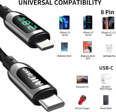 AICase 4FT USB C to Lightning Cable with LED Display, compatible with iPhone 13, 12, 11, AirPods Pro, supports Power