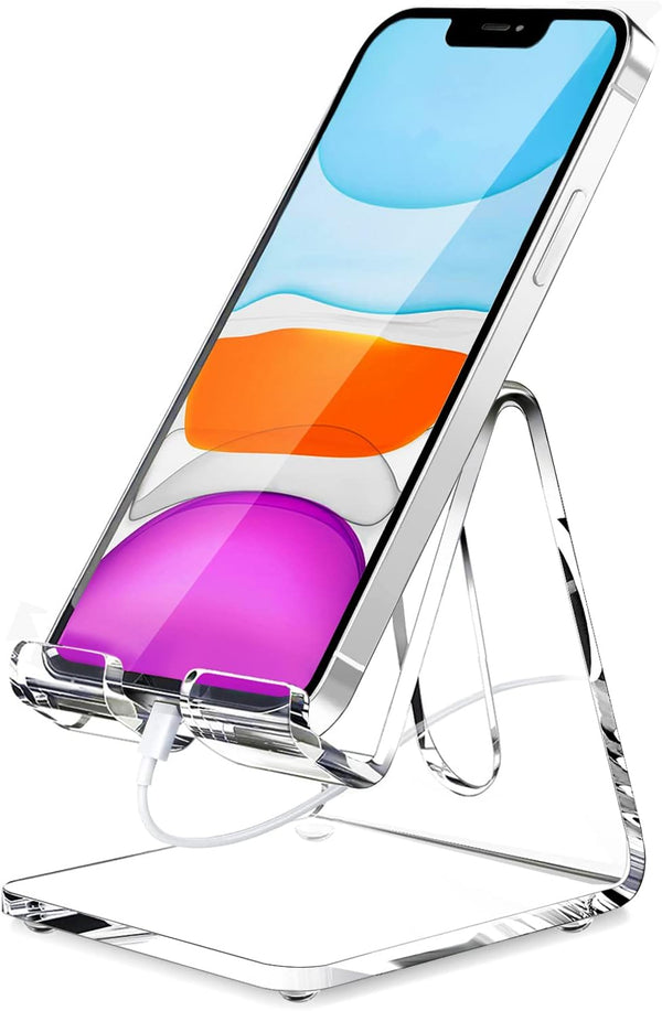 Crpich Acrylic Cell Phone Stand, Portable Clear Desk Stand for Phone 15 14 13 Pro Max Mini 12 11 Plus SE, Tablet