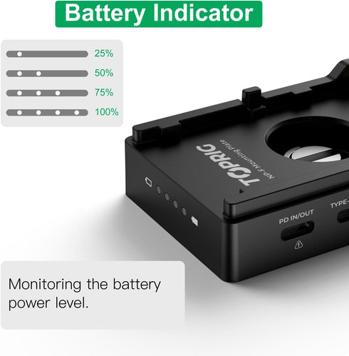NP-F Battery Adapter Plate with LED Low Battery Indicator, 1/4'' Screw Mount for NP-F 550V, 750V, 970V