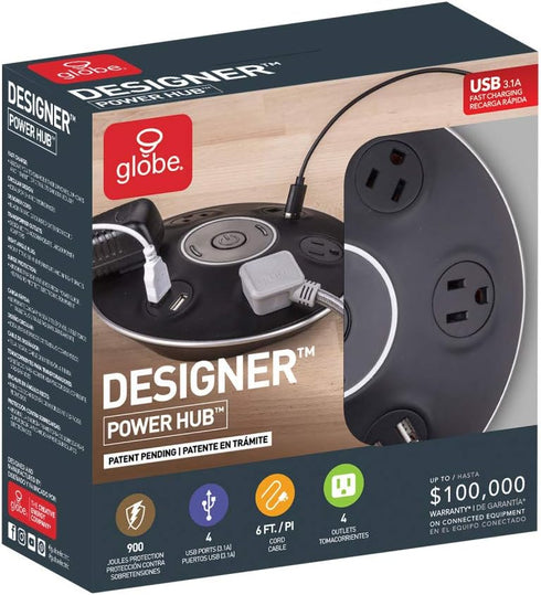 GLOBE Designer Series 4-Outlet USB Surge Protector Desktop Power Strip Hub, 4x USB Ports, Black