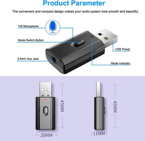 BAVNCO Bluetooth 5.0 Car Adapter, Mini Stereo Transmitter Receiver, Wireless 3.5mm Aux Jack Adapter for Car, Home