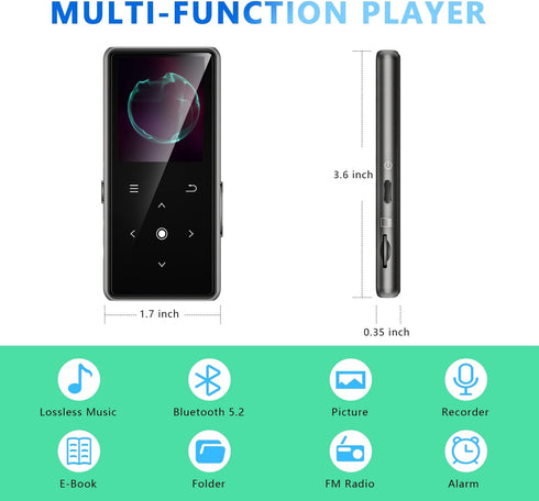 AiMoonsa 64GB MP3 5.2, Player with Bluetooth Music Player with Built-in HD Speaker, FM Radio, Voice Recorder, HiFi