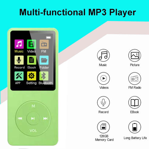 imkavery 128GB MP3 5.2, Player with Bluetooth Portable Green Music Player for Kids with Built-in HD Speaker, FM Radio