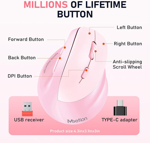MEETION Bluetooth(5.2 3.0) 4 Ergonomic Mouse Wireless, Vertical Mouse RGB Backlit, Rechargeable Mice for + USB-A