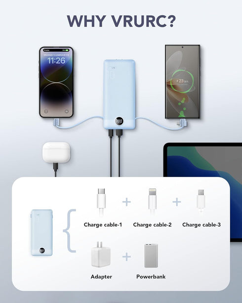 VRURC Portable Charger with Built-in Cables and AC Wall Plug, 10000mAh USB C Power Bank for Smart Phones, Tablets Blue