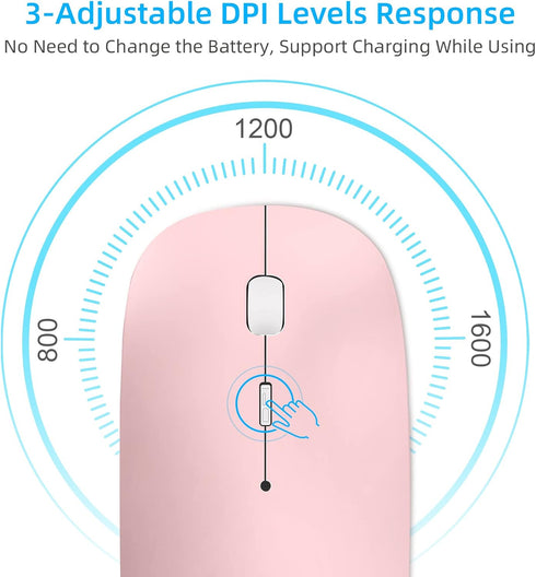 Wireless Mouse for Laptop, Bluetooth Mouse for MacBook Pro/Air/Mac/iPad/Chromebook/Computer -Rechargeale Dual Mode(USB 2.4Ghz + Bluetooth 5.2) Silent Cordless Mouse with USB C Adapter,Pink