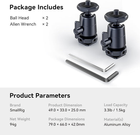 SmallRig Mini Ball Head (2 Pack) with 1/4" Screw, Removable Shoe Mount, 360 Degree Rotatable Aluminum Tripod Head