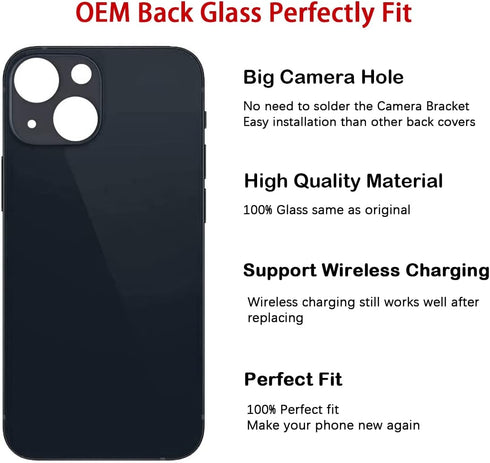 OEM Rear Back Glass Replacement (Black) for iPhone 13, 6.1 inches, with Repair Tool Kits