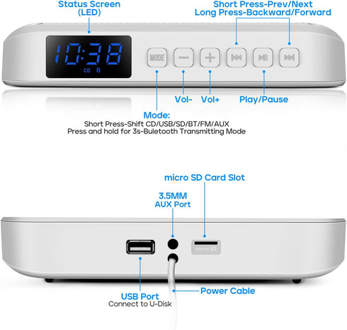 Wall CD Player with Speakers, ROADOM Bluetooth CD Player for Home, Hi-Fi Stereo Sound, Remote Control, White