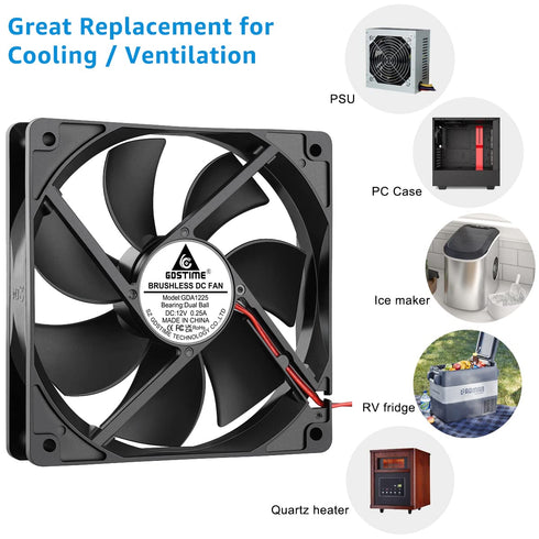GDSTIME Dual Ball Bearings Cooling Exhaust Fan, 120mm x 120mm x 25mm, 5 inch 12v Brushless