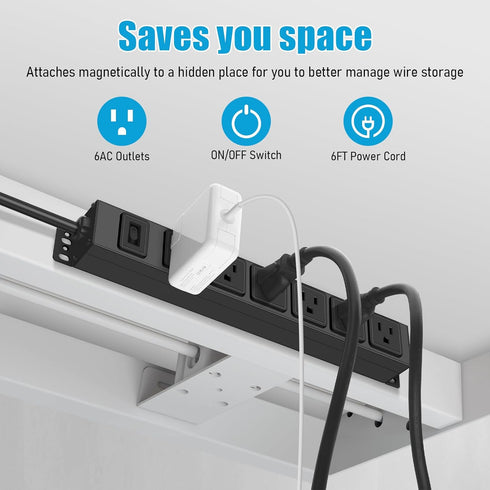HHSOET 6 6FT Wall Mount Magnetic Power Strip, Under Desk Outlet Mountable Socket, Metal Long Heavy Duty Surge Protector