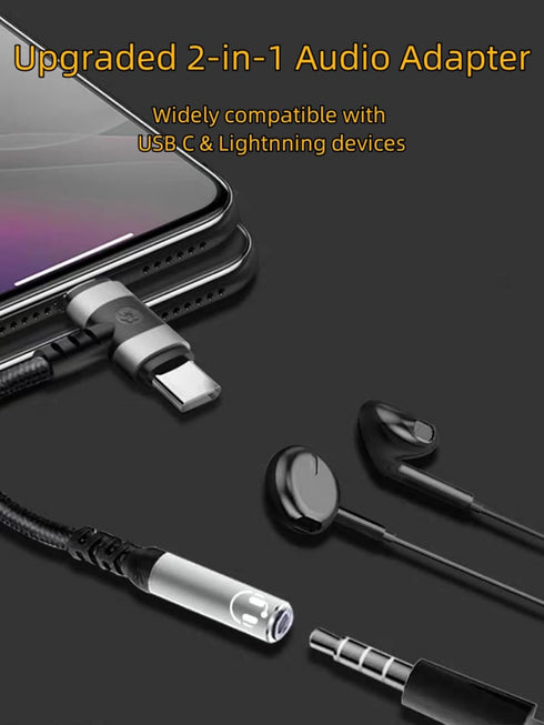 Headphone Adapter Compatible with iPhone 15 14 13, 2-in-1 Type-C & L-Port to 3.5mm Female Headphone Jack, HiFi Aux