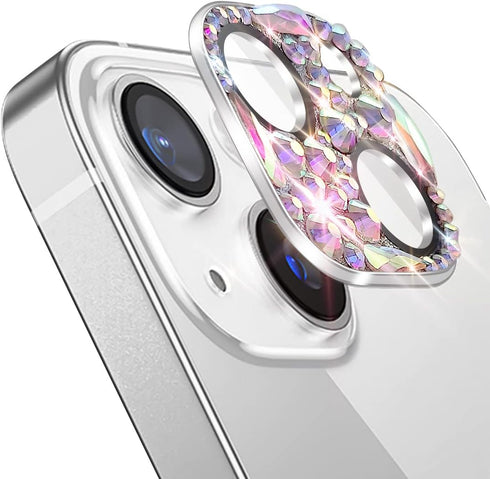 Cavdycidy Bling Diamond Camera Lens Protector Compatible with iPhone 15 & iPhone 15 Plus, Metal Glitter Gem Camera Cover,9H Tempered Glass lens full Screen Protector with 3D Rhinestone Sparkle