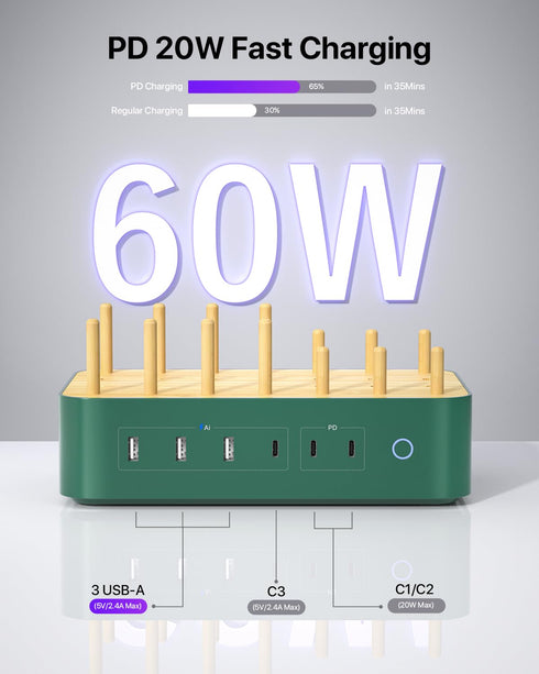 Bamboo USB-C Charging Station for Multiple Devices, 60W 6 Port Charging Dock with 3 AC Outlets, 3 USB C, 3 USB A, 6.6ft