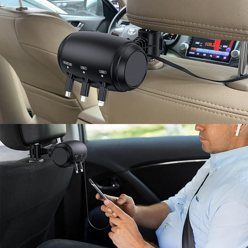 Multi Retractable Car Charger Station - Headrest 3 in 1 Charging Box with Fast 36W QC 3.0 Charger Adapter