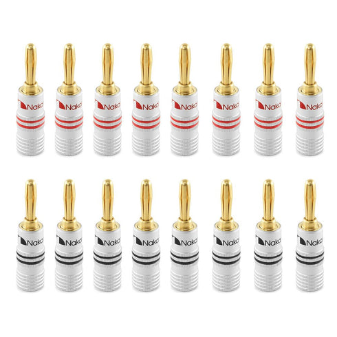 Nakamichi Excel Series 24k Gold Plated Banana Plug 12 AWG - 18 AWG Gauge Size for Speakers, 16 Pcs (8-Pairs)