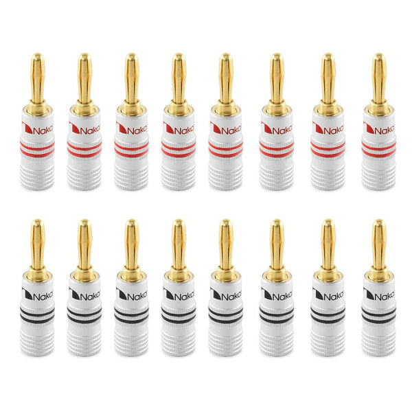 Nakamichi Excel Series 24k Gold Plated Banana Plug 12 AWG - 18 AWG Gauge Size for Speakers, 16 Pcs (8-Pairs)