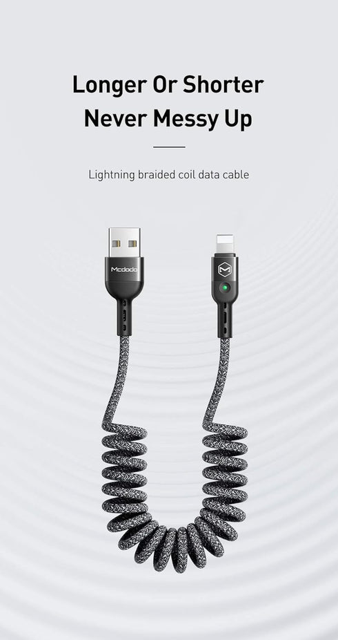 mcdodo Anti Winding Cable, LED Coiled Cord Nylon Braided Sync Charge USB Data 6FT/1.8M Cable (Black)