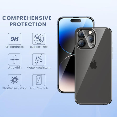 Maxdara iPhone 14 Pro Screen Protector 6 in 1, 9H Hardness, Ultra HD, 2 Pack Back & Front Glass, Camera Lens Protectors.