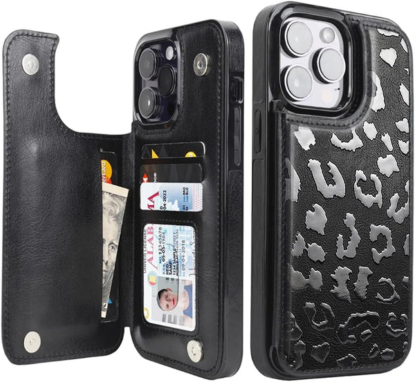 uCOLOR iPhone 14 Pro Max 6.7" Wallet Case, Card Holder Folio Flip PU Leather, RFID Blocking Cover (Black Leopard)