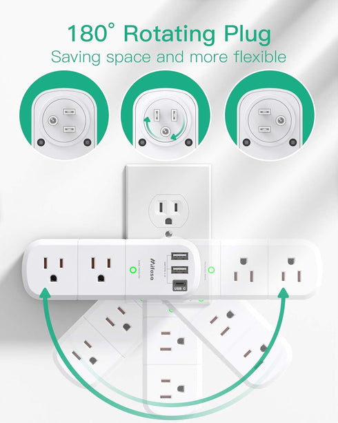 Mifaso 6 3 1800 3-Sided Outlet Extender with Rotating Plug, Surge Protector AC Multi Plug Wall Outlets and USB Ports