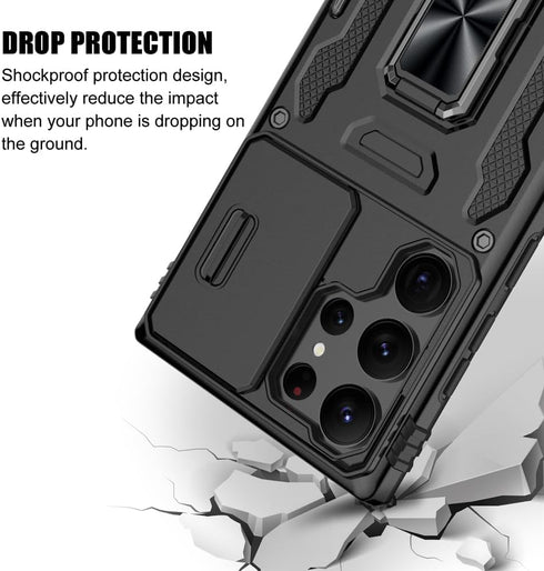Shockproof Phone Case for Samsung Galaxy S24 Ultra, Sliding Camera Cover & Ring Holder Kickstand, Black