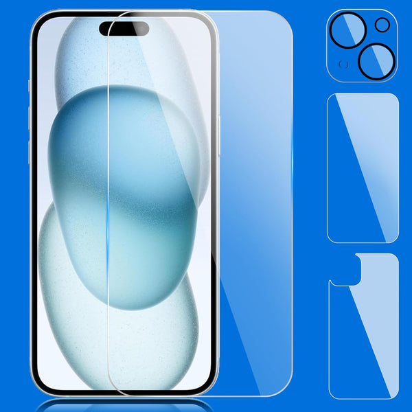 iPhone 15 Tempered Glass Screen Protector 3-in-1: Front, Back & Camera Protection (6.1 inch) - Ultimate Defense!