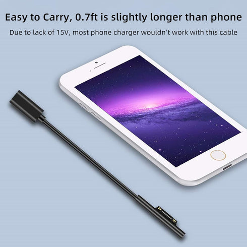USB-C Charging Cable for Microsoft Surface Pro 7/6/5/4/3, Go3/2/1, Laptop 4/3/2/1, 20 cm, Requires 45W 15V/3A Charger.