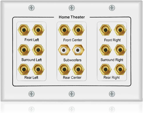 5 6 7.1/7.2 or 8.1/8.2 One or Two Subwoofer Compatible 16 Banana Post and 2 RCA Speaker Wall Plate for Home Theater Audio