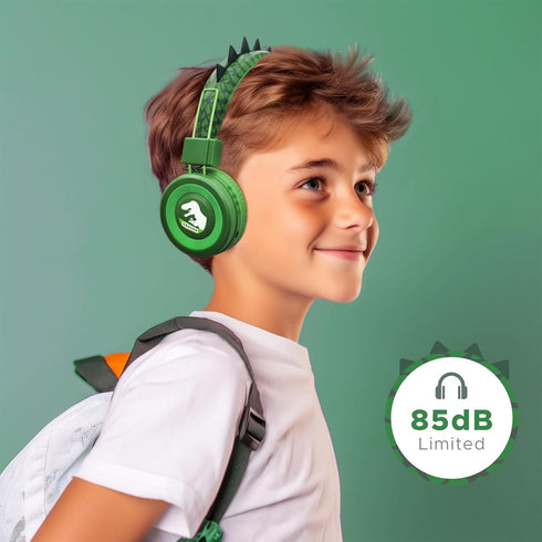 QearFun Dino Headphones for Boys Kids for School,Kids Bluetooth Headphones with Microphone & 3.5mm Jack,Teens Toddlers Wireless Headphones with Adjustable Headband for Tablet/PC/Smartphones-Green