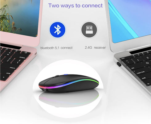 Bluetooth Mouse for iPad MacBook Air MacBook Pro iPad Pro Air Mac iMac Pro Laptop/Desktop/Computer/ Win8/10/11 Rechargeable (BT5.2+BT3.0+2.4GHz/USB C Adapter) (LED Black)