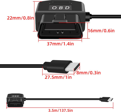 RIIEYOCA OBD2 24 (11.5FT/3.5M) Power Cable for Dash Cam,USB-C to OBD-II Hardwire Adapter with Switch Button Connector