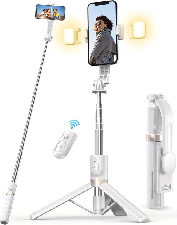 Pnitri 45'' Selfie Stick with Light, Travel Tripod Essentials with Wireless Remote, Portable