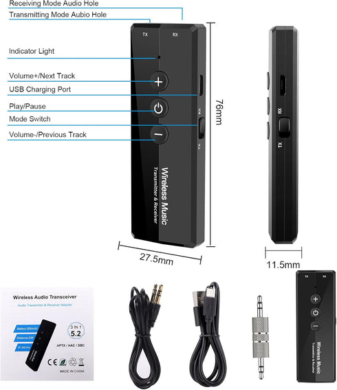 Upgraded Bluetooth 5.3 Transmitter Receiver, Audio Adapter for Airplane/TV/Car, Low Latency, 3.5mm Jack, Pair 2