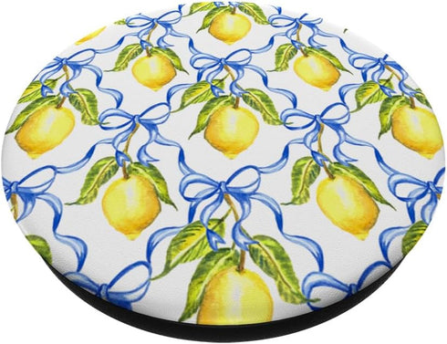 Bow Print Ribbon Blue Coquette Aesthetic Lemon Summer Fruit PopSockets Standard PopGrip
