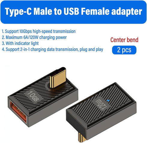 2 Pack Type C Male to USB 3.0 A Female Charger Converter ,10Gbps USB 3.1 Type C to USB A OTG 120W Fast Charging Compatible for Laptop, Mobile Phone, Tablet (Center Bend)