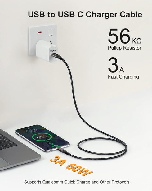 USB A to USB C Cable 2-Pack, 3.3ft, 60W 3A Fast Charging & Data Transfer for Samsung Galaxy S23/S22/S21/S10, iPad, SSD.