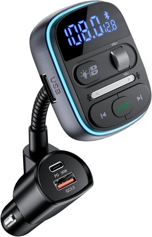 LENCENT Bluetooth FM Transmitter PD 30W, Bluetooth Car Adapter with QC3.0 Fast Charger, Hi-Fi Bass Music, Wireless