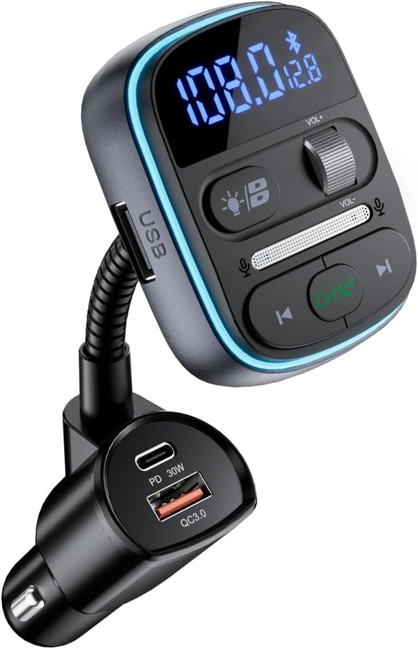 LENCENT Bluetooth FM Transmitter PD 30W, Bluetooth Car Adapter with QC3.0 Fast Charger, Hi-Fi Bass Music, Wireless