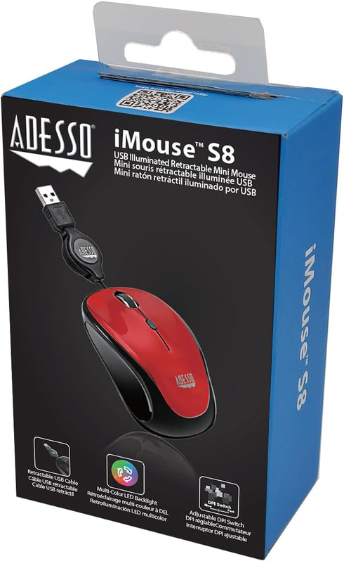 Adesso S8 Ergonomic iMouse - Retractable Optical USB Mouse (Red)