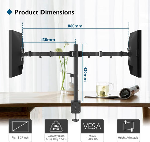 BONTEC Dual Monitor Desk Mount, Monitor Stand for 13 27 Inch LCD LED 2 Monitors, Ergonomic Full Motion Heavy Duty