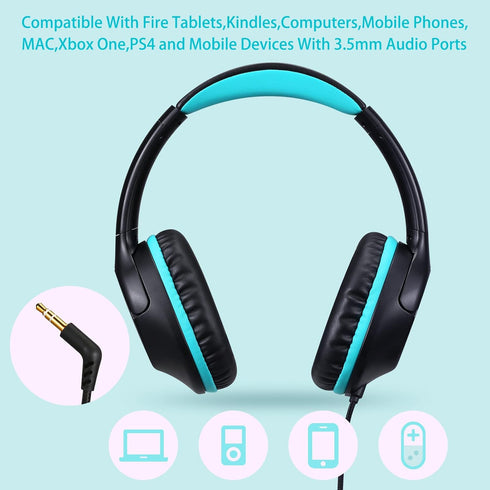 POWMEE Kids Over-Ear Headphones, 94dB Volume Limited, Adjustable Stereo 3.5MM Jack for Kids/Teens (Black)