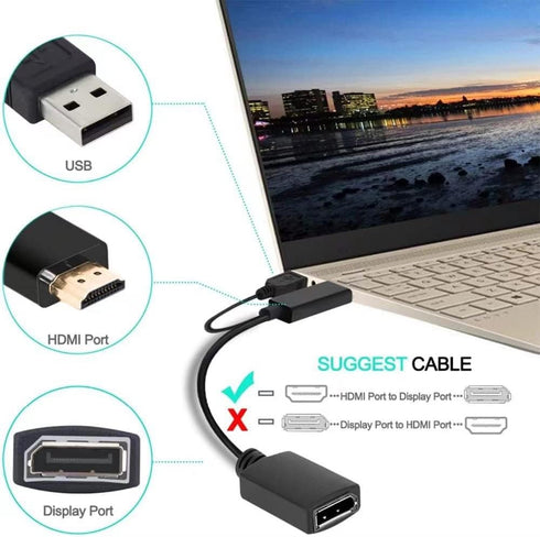 HDMI to DP Cable Converter Adapter, USB Power 4K for PC Laptop HDMI Male to DP Female Adapter