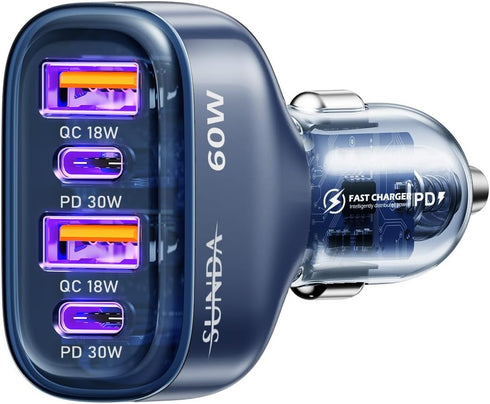 SUNDA 60W USB C Fast Car Charger, 4-Ports Adapter, Dual Type C PD30W/PPS30W Compatible with iPhone 15/14 Pro/Max (Blue)