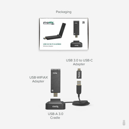 Plugable WiFi 6 USB WiFi Adapter for Desktop PC and Laptops, AX1800 USB 3.0 and USB C Wireless Adapter