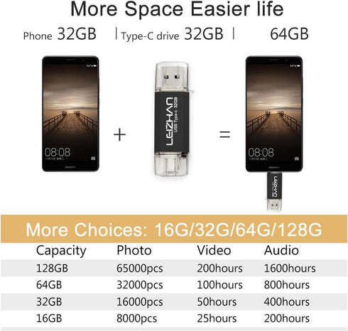 LEIZHAN USB C Flash Drive 32GB - Type C Thumb Drive for Samsung Galaxy S10, S10e, S9, S8, LG G5 G6, Black