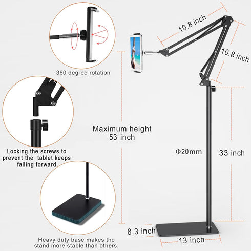 SAMHOUSING 6LB Tablet Floor Stand with Weight, Overhead Bed phone Stand Angle Height Adjustable Arm Stretchable Stand