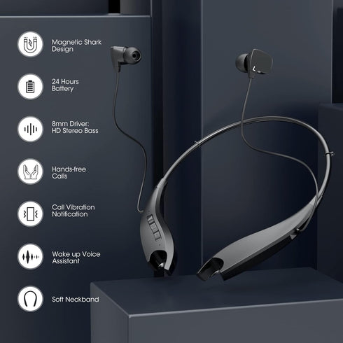 Neckband Bluetooth Headphones, Around The Neck Headphones, 24H+ Playtime, Bluetooth Headsets with Call Vibration, Shark